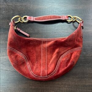 Coach Red Suede Leather Trim Hobo Shoulder Bag
